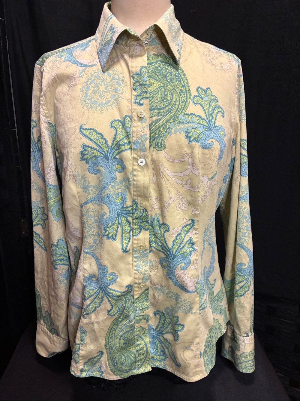 Ann Taylor Beige Button-Down Shirt with Blue and Green Paisley Print